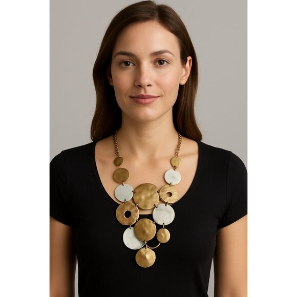 Chico’s Hammered Metal & Mother of Pearl Disc Statement Necklace – Gold Tone - Picture 5 of 5
